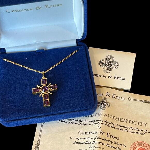 Camrose & Kross JBK Purple Rhinestone Reversible Cross Goldtone COA Original Box - Picture 1 of 10